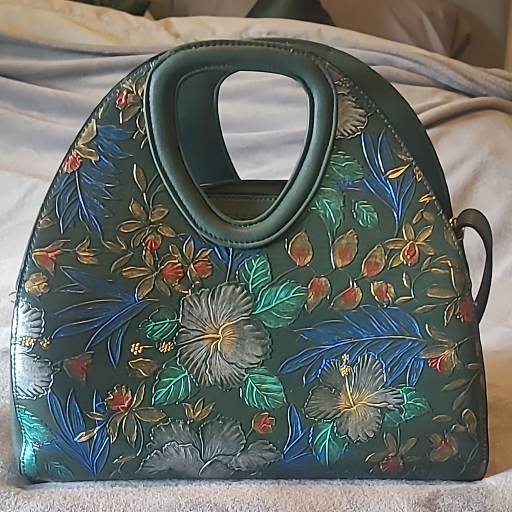 Floral Embossed Green Shoulder Bag